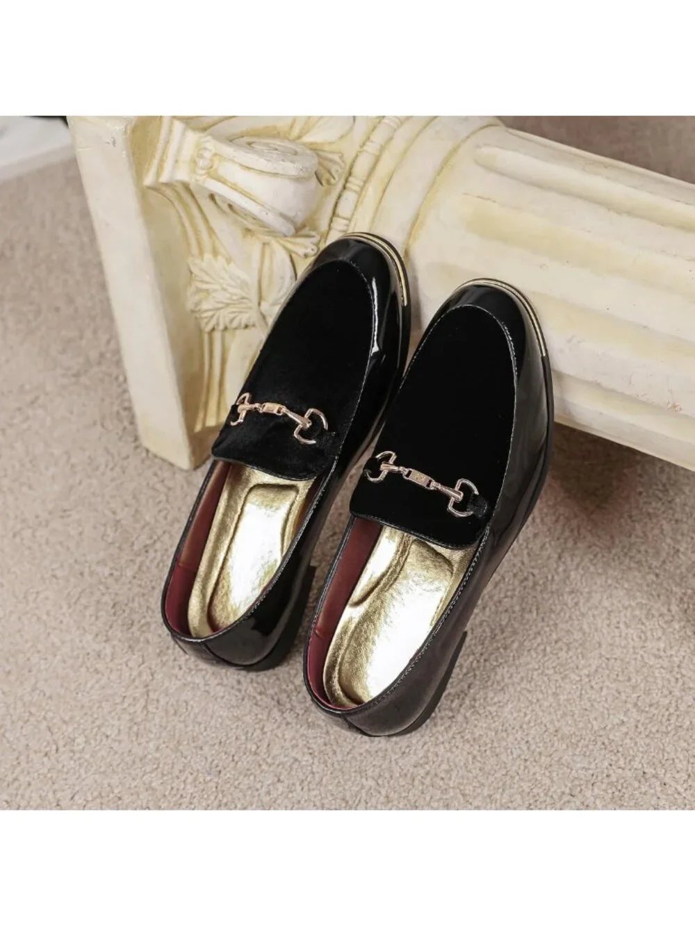 Men's Luxury Velvet & Patent Leather Loafers with Gold Buckle - Dress Shoes 7-13